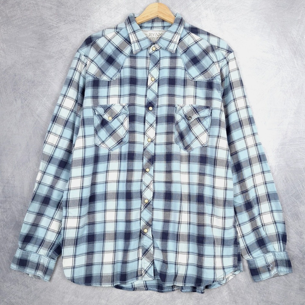 Ryan Michael Pearl Snap Shirt Mens XL Blue Plaid Western Long Sleeve Shirt FLAW